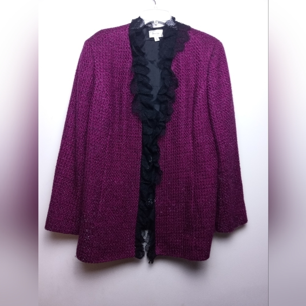 Neiman Marcus Exclusive Burgundy Red/Black Metallic Wool Blend Blazer size 16
